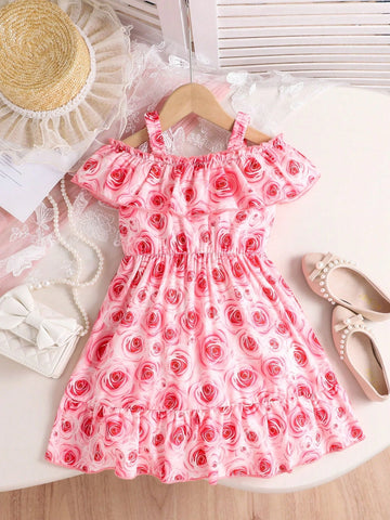 Young Girl Summer Vacation Rose Print Sleeveless Princess Dress Young Girl Summer Vacation Rose Print Sleeveless Princess Dress