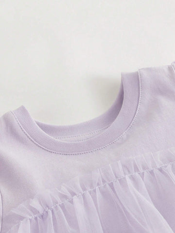 Young Girl Sweet Bubble Sleeve Mesh Patchwork Round Neck Short Sleeve Dress For Summer Young Girl Sweet Bubble Sleeve Mesh Patchwork Round Neck Short Sleeve Dress For Summer