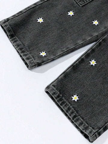 Young Girl Sweet Flower Embroidery Elastic Waist Adjustable Drawstring Wide Leg Casual Comfy Denim Blue Pants Young Girl Sweet Flower Embroidery Elastic Waist Adjustable Drawstring Wide Leg Casual Comfy Denim Blue Pants