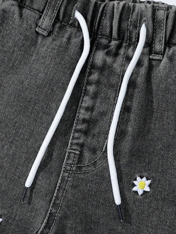Young Girl Sweet Flower Embroidery Elastic Waist Adjustable Drawstring Wide Leg Casual Comfy Denim Blue Pants Young Girl Sweet Flower Embroidery Elastic Waist Adjustable Drawstring Wide Leg Casual Comfy Denim Blue Pants