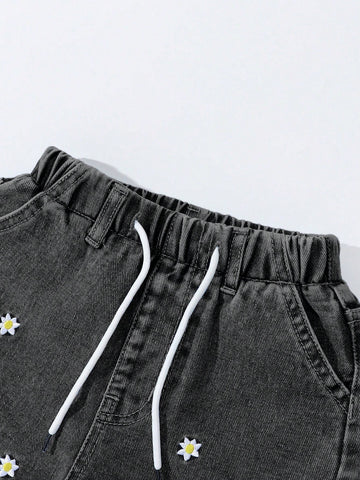 Young Girl Sweet Flower Embroidery Elastic Waist Adjustable Drawstring Wide Leg Casual Comfy Denim Blue Pants Young Girl Sweet Flower Embroidery Elastic Waist Adjustable Drawstring Wide Leg Casual Comfy Denim Blue Pants