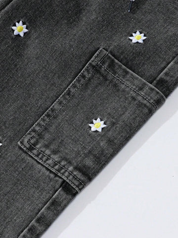Young Girl Sweet Flower Embroidery Elastic Waist Adjustable Drawstring Wide Leg Casual Comfy Denim Blue Pants Young Girl Sweet Flower Embroidery Elastic Waist Adjustable Drawstring Wide Leg Casual Comfy Denim Blue Pants