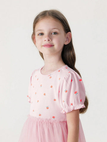 Young Girl Sweet Fresh Fruit Printed Mesh Splice Puff Sleeve Round Neck Dress, Summer Young Girl Sweet Fresh Fruit Printed Mesh Splice Puff Sleeve Round Neck Dress, Summer