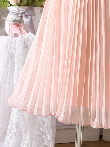 Young Girl Sweet Pink Pleated A-Line Dress With Elegant Flared Hem, 3D Flower Decor And Flutter Sleeves, Chic Ruffle Trim, Spring/Summer  Perfect For Wedding, Party, Banquet, Outing, And Photoshoot Young Girl Sweet Pink Pleated A-Line Dress With Elegant Flared Hem, 3D Flower Decor And Flutter Sleeves, Chic Ruffle Trim, Spring/Summer  Perfect For Wedding, Party, Banquet, Outing, And Photoshoot