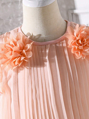 Young Girl Sweet Pink Pleated A-Line Dress With Elegant Flared Hem, 3D Flower Decor And Flutter Sleeves, Chic Ruffle Trim, Spring/Summer  Perfect For Wedding, Party, Banquet, Outing, And Photoshoot Young Girl Sweet Pink Pleated A-Line Dress With Elegant Flared Hem, 3D Flower Decor And Flutter Sleeves, Chic Ruffle Trim, Spring/Summer  Perfect For Wedding, Party, Banquet, Outing, And Photoshoot