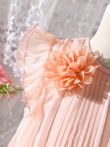 Young Girl Sweet Pink Pleated A-Line Dress With Elegant Flared Hem, 3D Flower Decor And Flutter Sleeves, Chic Ruffle Trim, Spring/Summer  Perfect For Wedding, Party, Banquet, Outing, And Photoshoot Young Girl Sweet Pink Pleated A-Line Dress With Elegant Flared Hem, 3D Flower Decor And Flutter Sleeves, Chic Ruffle Trim, Spring/Summer  Perfect For Wedding, Party, Banquet, Outing, And Photoshoot