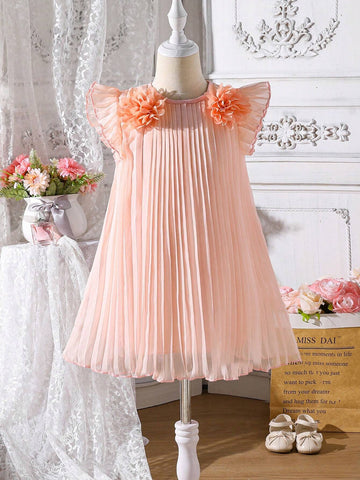 Young Girl Sweet Pink Pleated A-Line Dress With Elegant Flared Hem, 3D Flower Decor And Flutter Sleeves, Chic Ruffle Trim, Spring/Summer  Perfect For Wedding, Party, Banquet, Outing, And Photoshoot Young Girl Sweet Pink Pleated A-Line Dress With Elegant Flared Hem, 3D Flower Decor And Flutter Sleeves, Chic Ruffle Trim, Spring/Summer  Perfect For Wedding, Party, Banquet, Outing, And Photoshoot