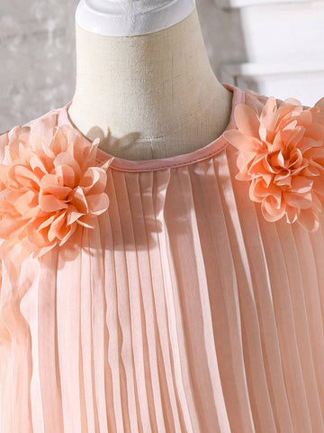 Young Girl Sweet Pink Pleated A-Line Dress With Elegant Flared Hem, 3D Flower Decor And Flutter Sleeves, Chic Ruffle Trim, Spring/Summer  Perfect For Wedding, Party, Banquet, Outing, And Photoshoot Young Girl Sweet Pink Pleated A-Line Dress With Elegant Flared Hem, 3D Flower Decor And Flutter Sleeves, Chic Ruffle Trim, Spring/Summer  Perfect For Wedding, Party, Banquet, Outing, And Photoshoot