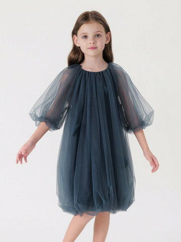 Young Girl Sweet Puff Sleeve Tulle Gown Princess Dress, Summer Young Girl Sweet Puff Sleeve Tulle Gown Princess Dress, Summer