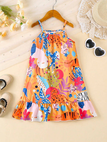 Young Girl Tropical Print Ruffle Hem Cami Dress For Vacation & Casual Wear Young Girl Tropical Print Ruffle Hem Cami Dress For Vacation & Casual Wear