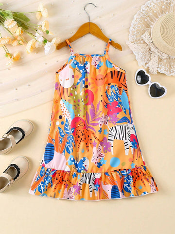 Young Girl Tropical Print Ruffle Hem Cami Dress For Vacation & Casual Wear Young Girl Tropical Print Ruffle Hem Cami Dress For Vacation & Casual Wear