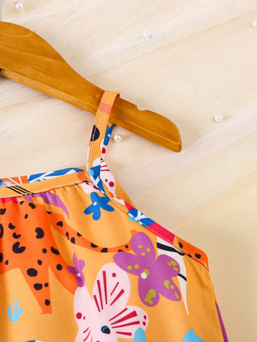 Young Girl Tropical Print Ruffle Hem Cami Dress For Vacation & Casual Wear Young Girl Tropical Print Ruffle Hem Cami Dress For Vacation & Casual Wear