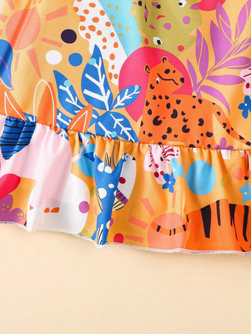 Young Girl Tropical Print Ruffle Hem Cami Dress For Vacation & Casual Wear Young Girl Tropical Print Ruffle Hem Cami Dress For Vacation & Casual Wear