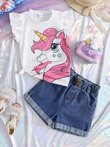 Young Girl Unicorn Printed Ruffle Hem Top And Denim Shorts For Summer Young Girl Unicorn Printed Ruffle Hem Top And Denim Shorts For Summer