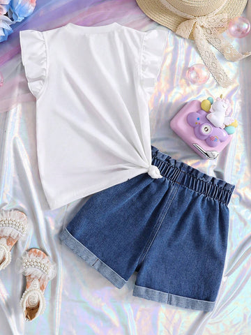 Young Girl Unicorn Printed Ruffle Hem Top And Denim Shorts For Summer Young Girl Unicorn Printed Ruffle Hem Top And Denim Shorts For Summer