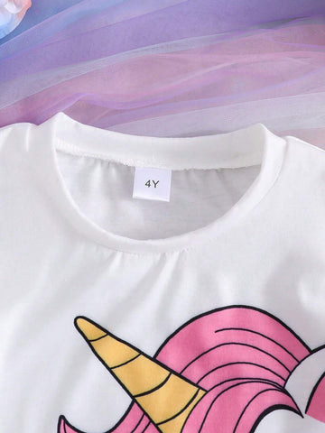 Young Girl Unicorn Printed Ruffle Hem Top And Denim Shorts For Summer Young Girl Unicorn Printed Ruffle Hem Top And Denim Shorts For Summer