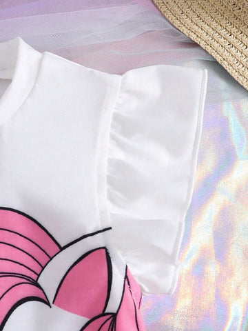 Young Girl Unicorn Printed Ruffle Hem Top And Denim Shorts For Summer Young Girl Unicorn Printed Ruffle Hem Top And Denim Shorts For Summer