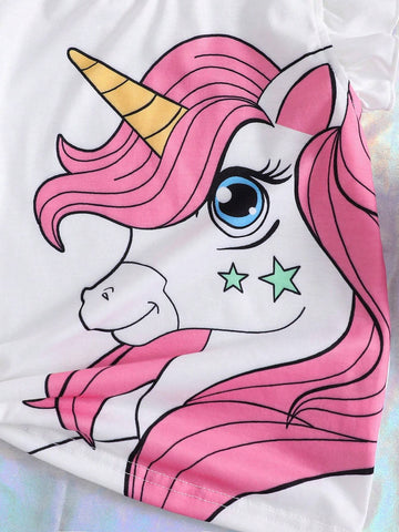Young Girl Unicorn Printed Ruffle Hem Top And Denim Shorts For Summer Young Girl Unicorn Printed Ruffle Hem Top And Denim Shorts For Summer