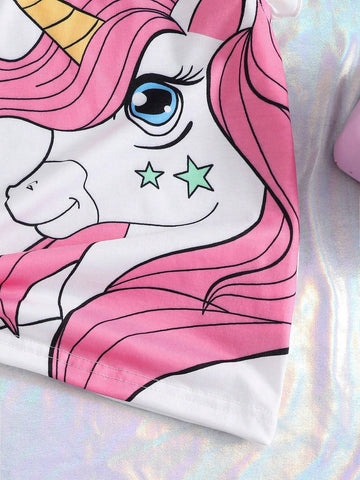 Young Girl Unicorn Printed Ruffle Hem Top And Denim Shorts For Summer Young Girl Unicorn Printed Ruffle Hem Top And Denim Shorts For Summer