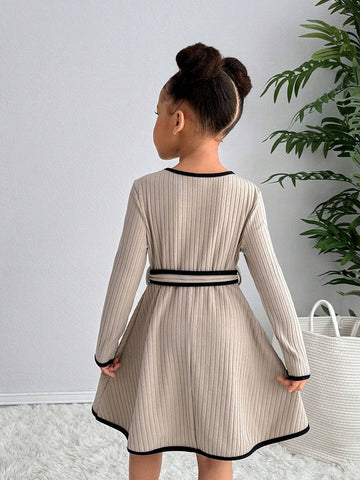 Young Girl Urban Chic Knitted Crew Neck Long Sleeve Cinched Waist Dress Young Girl Urban Chic Knitted Crew Neck Long Sleeve Cinched Waist Dress