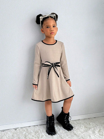 Young Girl Urban Chic Knitted Crew Neck Long Sleeve Cinched Waist Dress Young Girl Urban Chic Knitted Crew Neck Long Sleeve Cinched Waist Dress