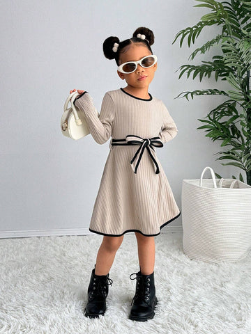 Young Girl Urban Chic Knitted Crew Neck Long Sleeve Cinched Waist Dress Young Girl Urban Chic Knitted Crew Neck Long Sleeve Cinched Waist Dress