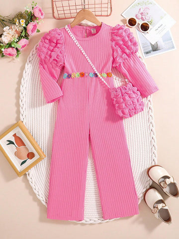 Young Girl Urban Elegant Ribbed Patchwork Textured Fabric Puff Sleeve And Decorated Belt Long Sleeve Jumpsuit. Young Girl Urban Elegant Ribbed Patchwork Textured Fabric Puff Sleeve And Decorated Belt Long Sleeve Jumpsuit.