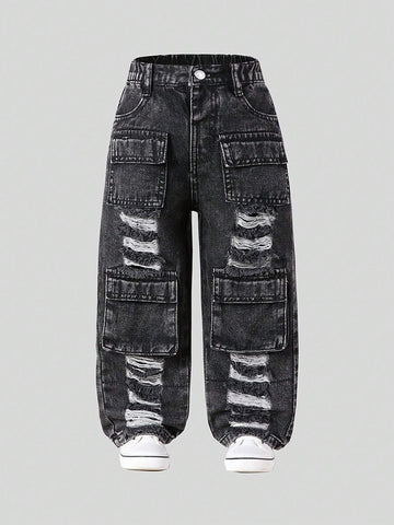 Young Girl' Vintage Street Fashion Distressed Multi-Pocket Washed Light Blue Straight Leg Denim Cargo Pants Young Girl' Vintage Street Fashion Distressed Multi-Pocket Washed Light Blue Straight Leg Denim Cargo Pants