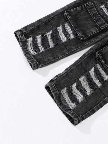 Young Girl' Vintage Street Fashion Distressed Multi-Pocket Washed Light Blue Straight Leg Denim Cargo Pants Young Girl' Vintage Street Fashion Distressed Multi-Pocket Washed Light Blue Straight Leg Denim Cargo Pants