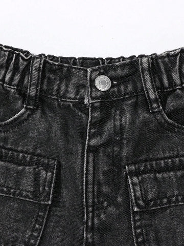 Young Girl' Vintage Street Fashion Distressed Multi-Pocket Washed Light Blue Straight Leg Denim Cargo Pants Young Girl' Vintage Street Fashion Distressed Multi-Pocket Washed Light Blue Straight Leg Denim Cargo Pants