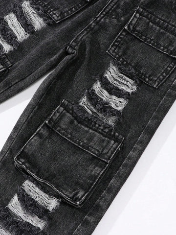 Young Girl' Vintage Street Fashion Distressed Multi-Pocket Washed Light Blue Straight Leg Denim Cargo Pants Young Girl' Vintage Street Fashion Distressed Multi-Pocket Washed Light Blue Straight Leg Denim Cargo Pants