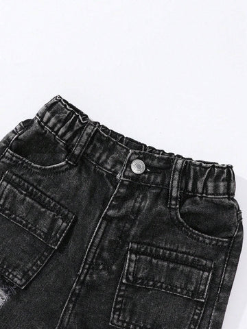 Young Girl' Vintage Street Fashion Distressed Multi-Pocket Washed Light Blue Straight Leg Denim Cargo Pants Young Girl' Vintage Street Fashion Distressed Multi-Pocket Washed Light Blue Straight Leg Denim Cargo Pants