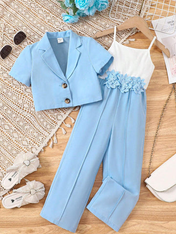 Young Girl Woven Collared Short Casual Cardigan With Knitted Strap Splice Woven Jumpsuit Set Young Girl Woven Collared Short Casual Cardigan With Knitted Strap Splice Woven Jumpsuit Set