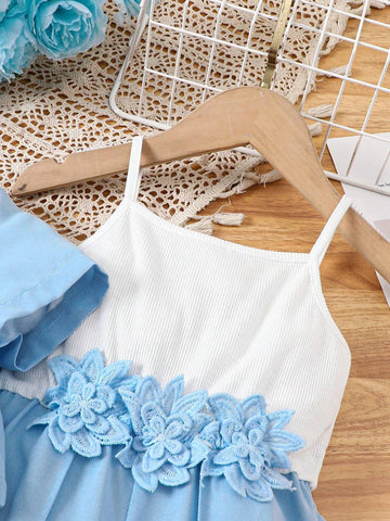 Young Girl Woven Collared Short Casual Cardigan With Knitted Strap Splice Woven Jumpsuit Set Young Girl Woven Collared Short Casual Cardigan With Knitted Strap Splice Woven Jumpsuit Set