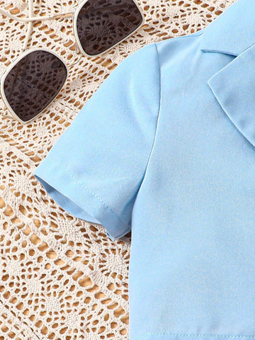 Young Girl Woven Collared Short Casual Cardigan With Knitted Strap Splice Woven Jumpsuit Set Young Girl Woven Collared Short Casual Cardigan With Knitted Strap Splice Woven Jumpsuit Set