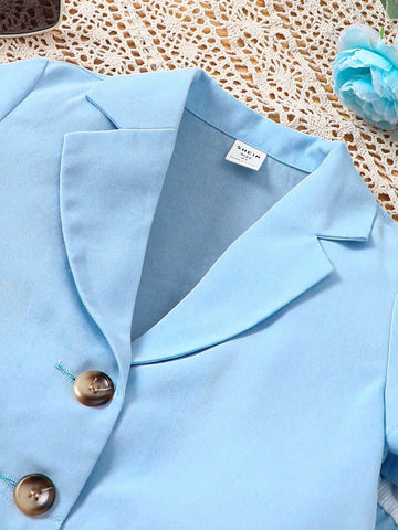 Young Girl Woven Collared Short Casual Cardigan With Knitted Strap Splice Woven Jumpsuit Set Young Girl Woven Collared Short Casual Cardigan With Knitted Strap Splice Woven Jumpsuit Set