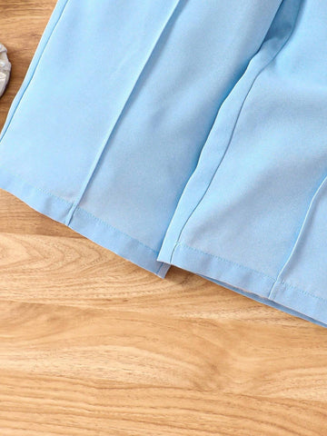 Young Girl Woven Collared Short Casual Cardigan With Knitted Strap Splice Woven Jumpsuit Set Young Girl Woven Collared Short Casual Cardigan With Knitted Strap Splice Woven Jumpsuit Set