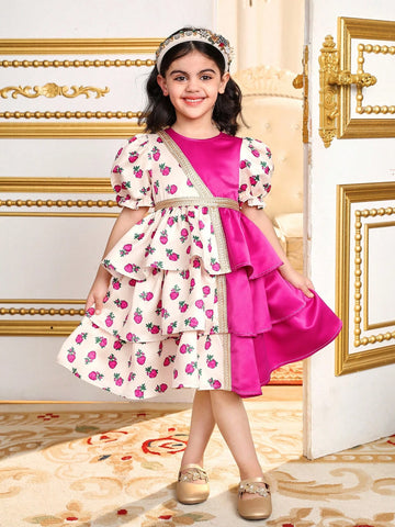 Young Girl Woven Floral & Color Block Round Neck Puff Sleeve Fitted Dress Young Girl Woven Floral & Color Block Round Neck Puff Sleeve Fitted Dress