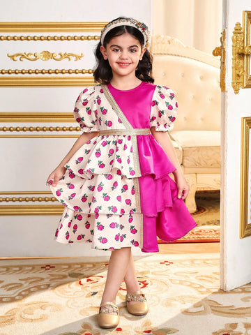 Young Girl Woven Floral & Color Block Round Neck Puff Sleeve Fitted Dress Young Girl Woven Floral & Color Block Round Neck Puff Sleeve Fitted Dress