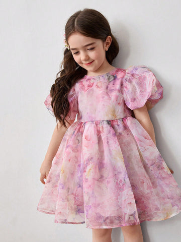 Young Girl Woven Mesh Puff Sleeve Fitted Casual Dress Young Girl Woven Mesh Puff Sleeve Fitted Casual Dress