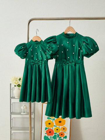 Young Girl Woven Plain Puff Sleeve Stand Collar Pearl Embellished Casual Midi Dress Young Girl Woven Plain Puff Sleeve Stand Collar Pearl Embellished Casual Midi Dress