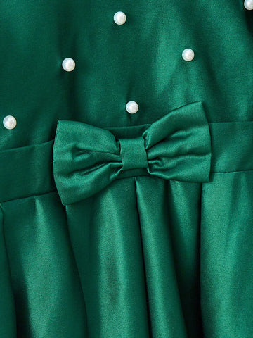 Young Girl Woven Plain Puff Sleeve Stand Collar Pearl Embellished Casual Midi Dress Young Girl Woven Plain Puff Sleeve Stand Collar Pearl Embellished Casual Midi Dress