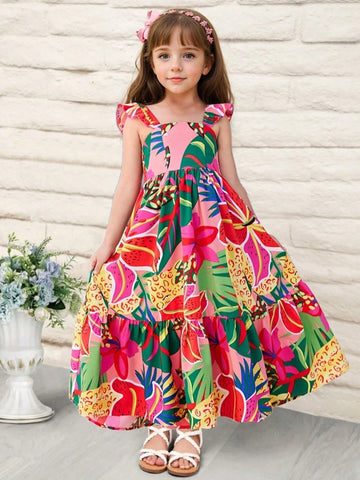 Young Girl Woven Tropical Floral Square Neck Fitted Camisole Dress Young Girl Woven Tropical Floral Square Neck Fitted Camisole Dress