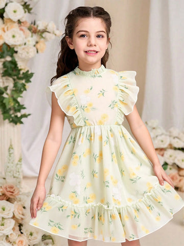 Young Girl Yellow Embroidered Sleeveless Waisted Dress Young Girl Yellow Embroidered Sleeveless Waisted Dress