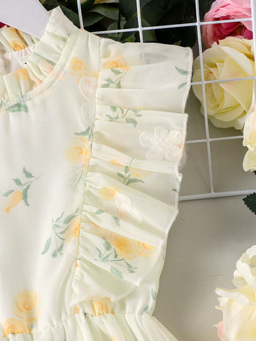 Young Girl Yellow Embroidered Sleeveless Waisted Dress Young Girl Yellow Embroidered Sleeveless Waisted Dress