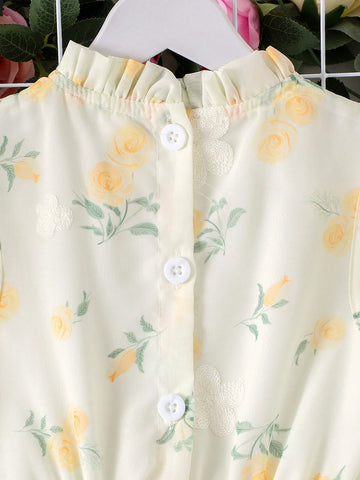 Young Girl Yellow Embroidered Sleeveless Waisted Dress Young Girl Yellow Embroidered Sleeveless Waisted Dress