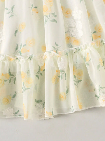 Young Girl Yellow Embroidered Sleeveless Waisted Dress Young Girl Yellow Embroidered Sleeveless Waisted Dress