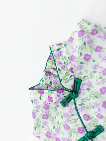 Young Girl's 2024 Summer New Style Chinese Style Floral Print Mesh Cheongsam Princess Dress Young Girl's 2024 Summer New Style Chinese Style Floral Print Mesh Cheongsam Princess Dress