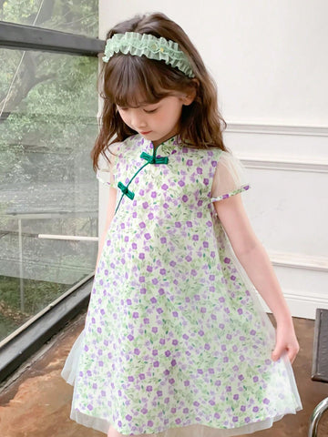 Young Girl's 2024 Summer New Style Chinese Style Floral Print Mesh Cheongsam Princess Dress Young Girl's 2024 Summer New Style Chinese Style Floral Print Mesh Cheongsam Princess Dress