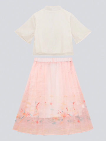 Young Girl's 2pcs Chinese Style Horse-Face Skirt Suit, Summer Hanfu Dress For Children, 2024 New Arrival Young Girl's 2pcs Chinese Style Horse-Face Skirt Suit, Summer Hanfu Dress For Children, 2024 New Arrival